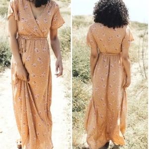 Carly Jean Los Angeles CJLA Lille Maxi Wrap Dress Swiss Dot Mustard Yellow Belt